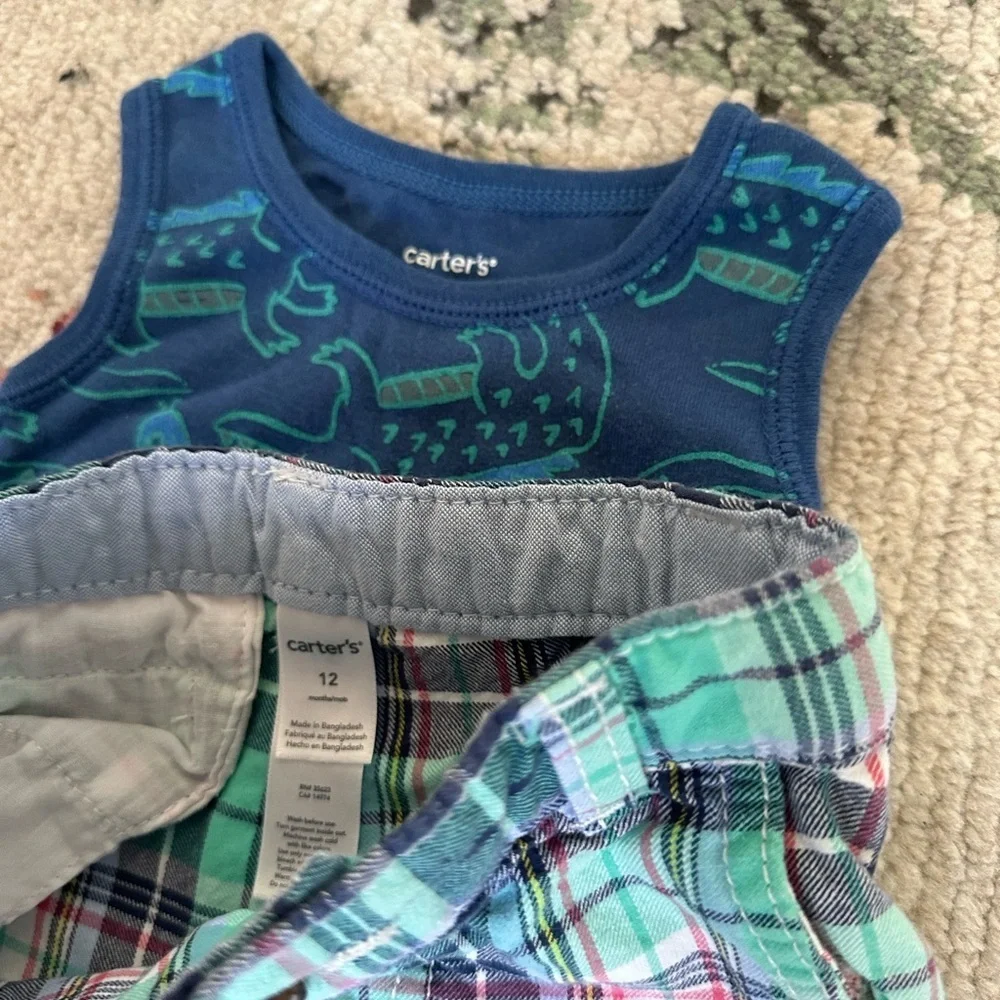 Carter’s 12 Month Retro Baby Boy Summer Outfit Plaid Shorts & vibrant Dino top